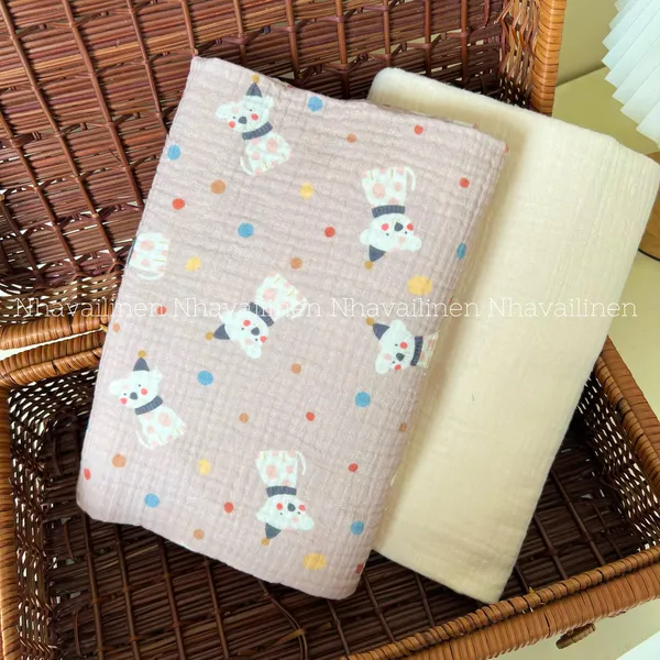 Xô muslin cao cấp 2 lớp hoạ tiết cún má hồng