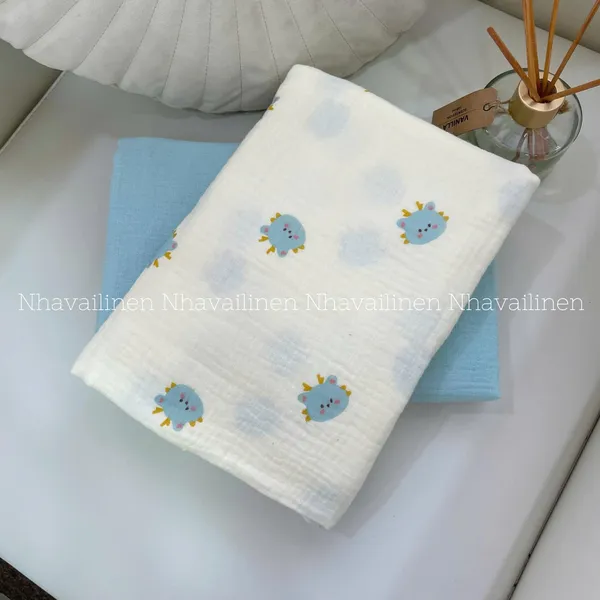 Xô muslin cao cấp 2 lớp hoạ tiết rồng xanh