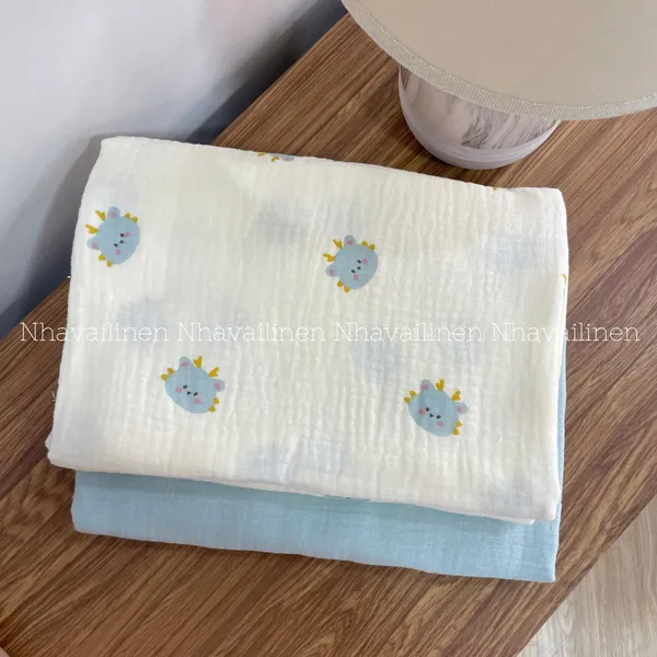 Xô muslin cao cấp 2 lớp hoạ tiết rồng xanh