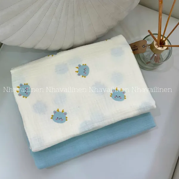 Xô muslin cao cấp 2 lớp hoạ tiết rồng xanh