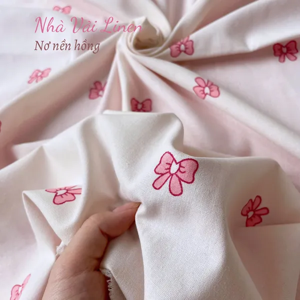Vải Linen Bột Dày NƠ HỒNG NỀN HỒNG Chất Vải Dày Dặn