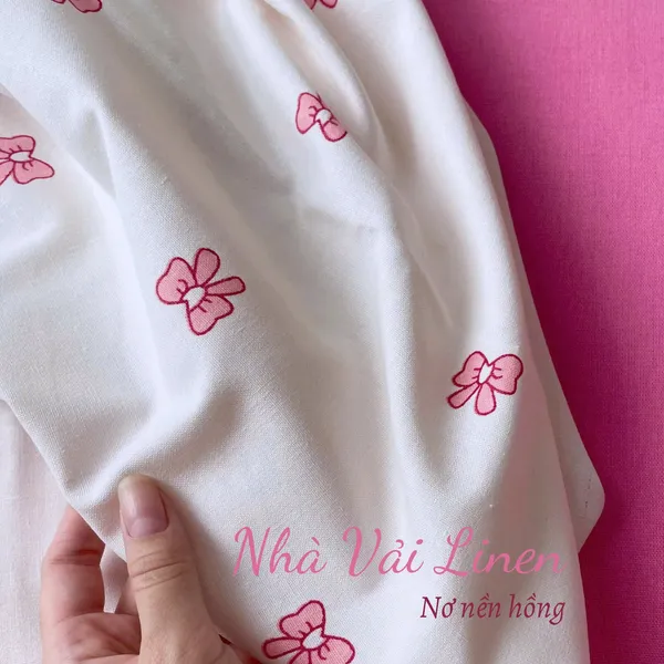 Vải Linen Bột Dày NƠ HỒNG NỀN HỒNG Chất Vải Dày Dặn