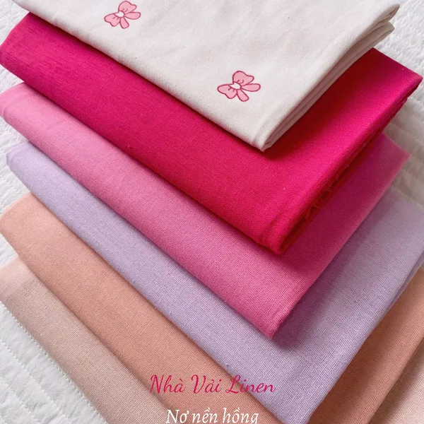 Vải Linen Bột Dày NƠ HỒNG NỀN HỒNG Chất Vải Dày Dặn