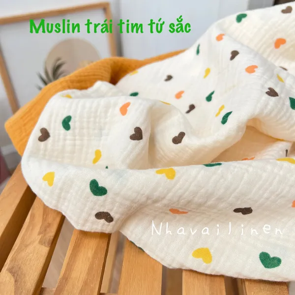 Vải xô muslin cao cấp 2 lớp hoạ tiết trái tim tứ sắc