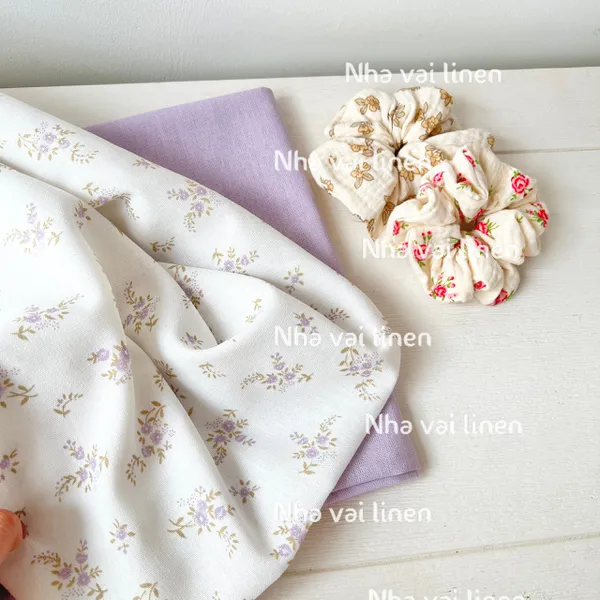 Vải Linen Bột Hoạ Tiết Cành Hoa Tím