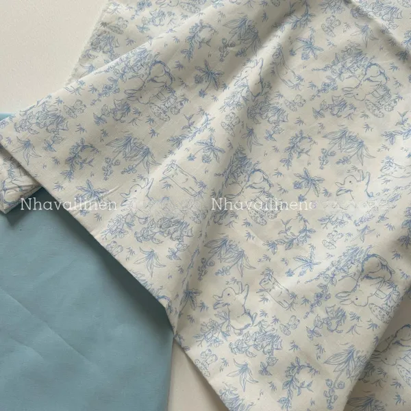 Vải cotton cao cấp hoạ tiết thỏ nấm xanh