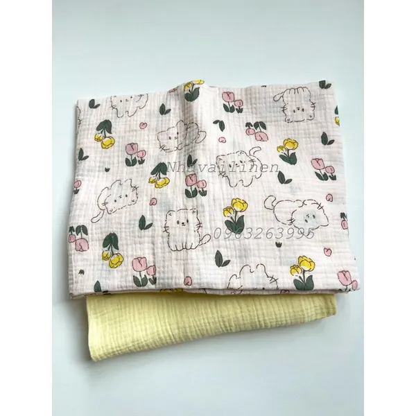 MUSLIN HỌA TIẾT MÈO TULIP NỀN HỒNG