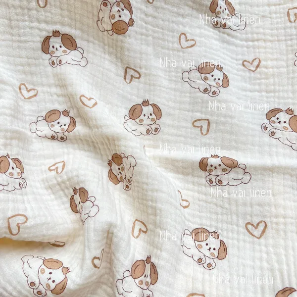 Vải xô muslin cao cấp 2 lớp hoạ tiết cún trái tim