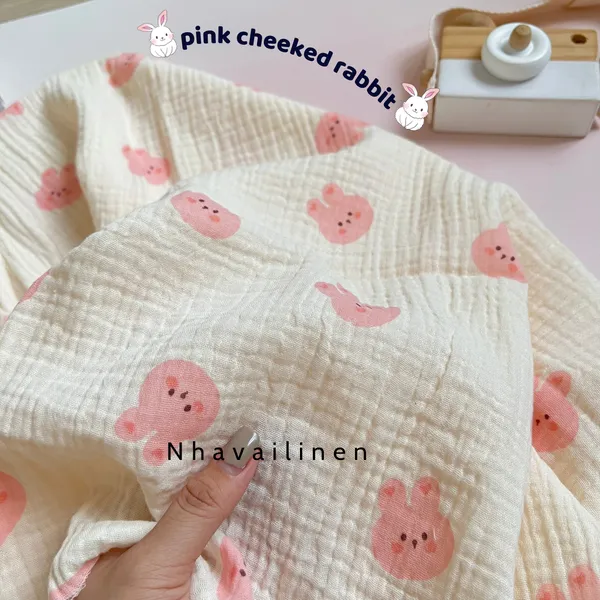 Vải xô muslin cao cấp 2 lớp hoạ tiết thỏ hồng