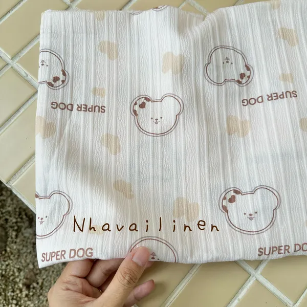 Vải đũi gân mềm nhẹ hoạ tiết gấu cún