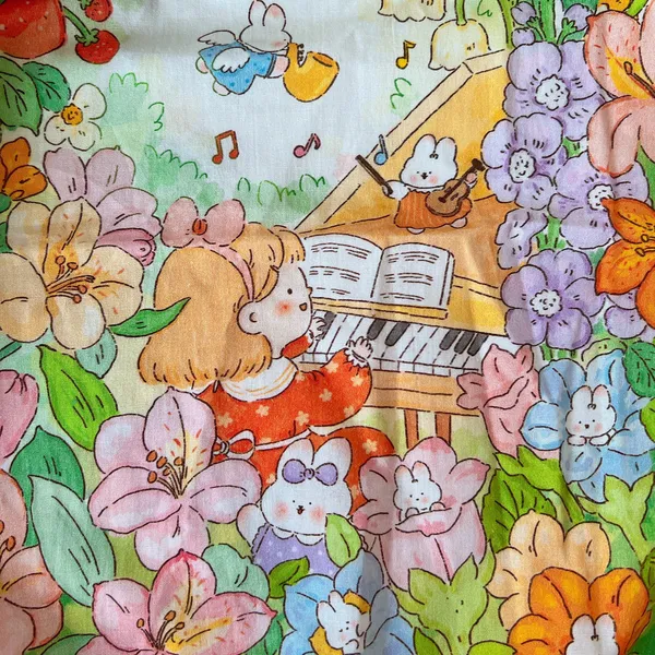 Vải Cotton hoạ tiết em bé đánh đàn