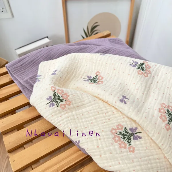 Vải xô muslin cao cấp 2 lớp hoạ tiết bó hoa nơ tím