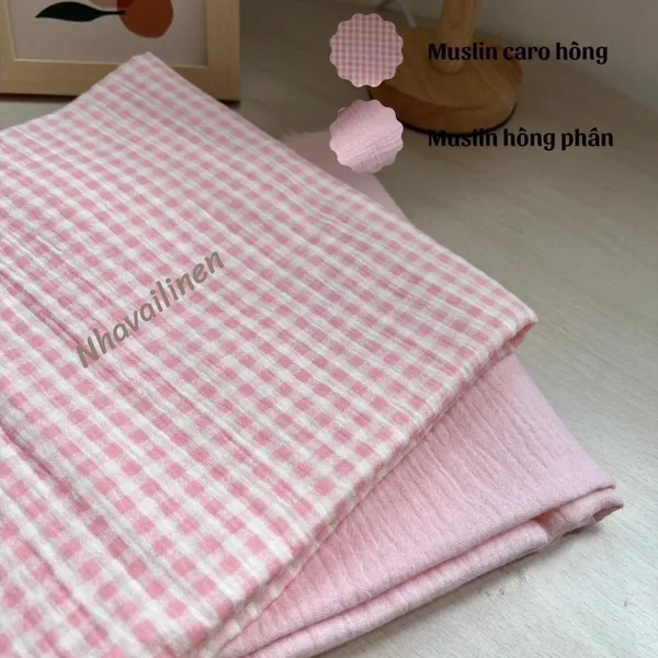 Vải xô muslin cao cấp 2 lớp hoạ tiết caro hồng