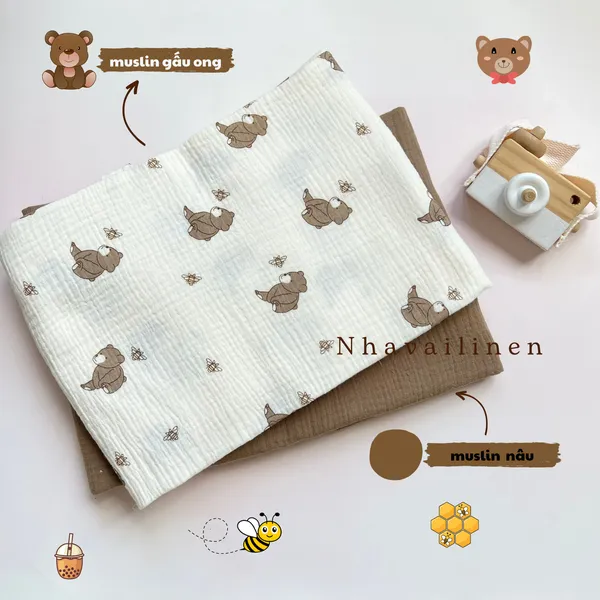 Vải xô muslin cao cấp 2 lớp hoạ tiết gấu nơ, gấu ong