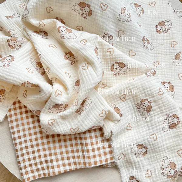 Vải xô muslin cao cấp 2 lớp hoạ tiết cún trái tim