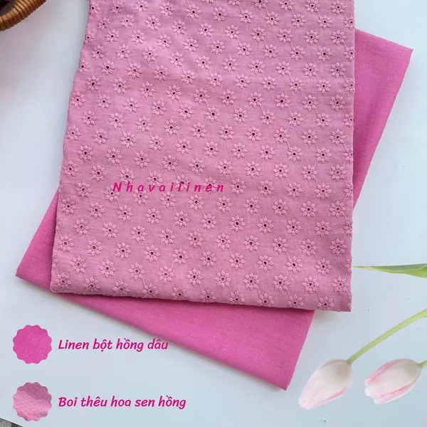 Vải Boi Thêu Hoạ Tiết Hoa Sen Hồng Êm Ái, Mỏng Nhẹ, Sang Trọng