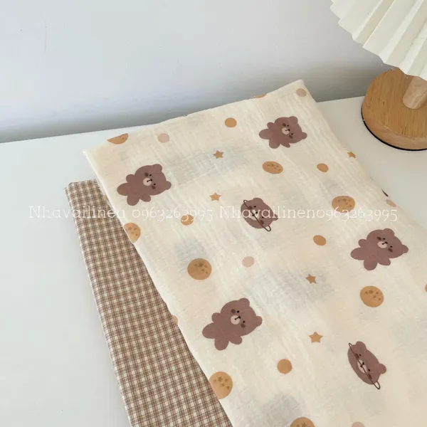 Vải xô muslin cao cấp 2 lớp hoạ tiết gấu vũ trụ