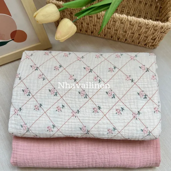 Muslin hoạ tiết hoa hồng sọc