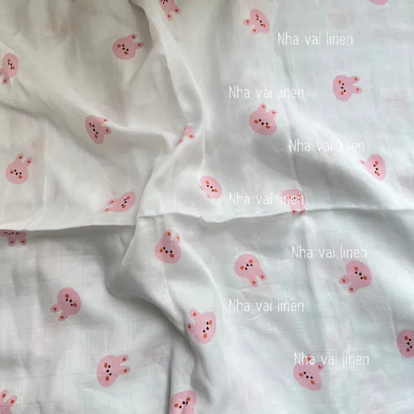 Vải sợi tre cao cấp 2 lớp hoa tiết thỏ hồng