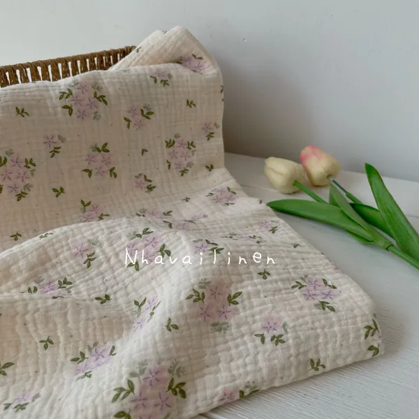 Vải xô muslin cao cấp 2 lớp hoạ tiết hoa tím