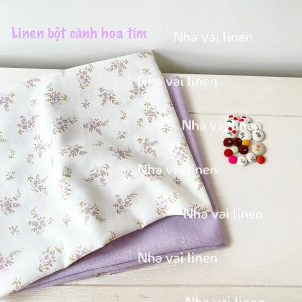 Vải Linen Bột Hoạ Tiết Cành Hoa Tím