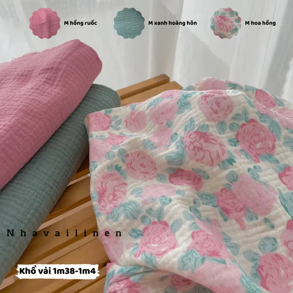 Vải xô muslin cao cấp 2 lớp hoạ tiết hoa hồng