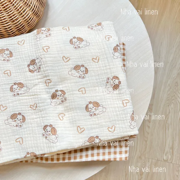 Vải xô muslin cao cấp 2 lớp hoạ tiết cún trái tim