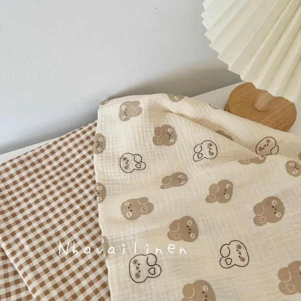 Vải xô muslin cao cấp 2 lớp hoạ tiết thỏ be