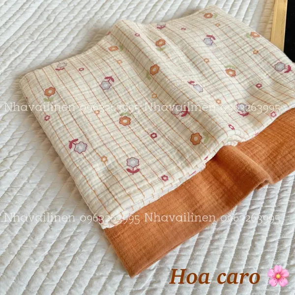Vải xô muslin cao cấp 2 lớp hoạ tiết hoa caro