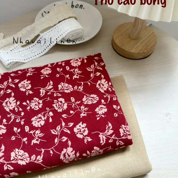 Vải thô cào bông hoạ tiết hoa hồng nền đỏ