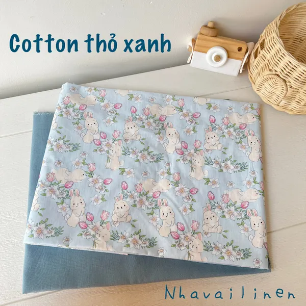 Vải Cotton Cao Cấp Hoạ Tiết Thỏ Xanh