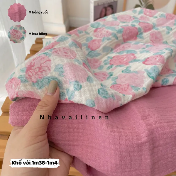 Vải xô muslin cao cấp 2 lớp hoạ tiết hoa hồng