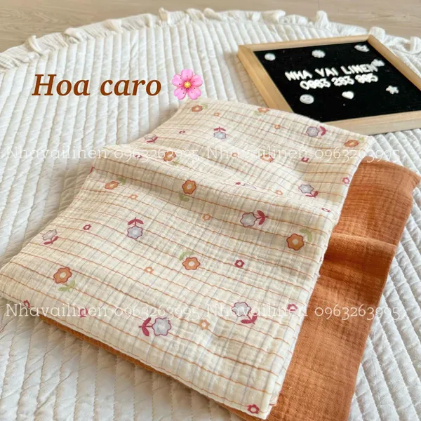 Vải xô muslin cao cấp 2 lớp hoạ tiết hoa caro