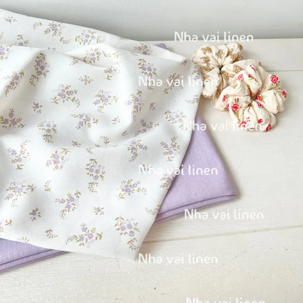 Vải Linen Bột Hoạ Tiết Cành Hoa Tím