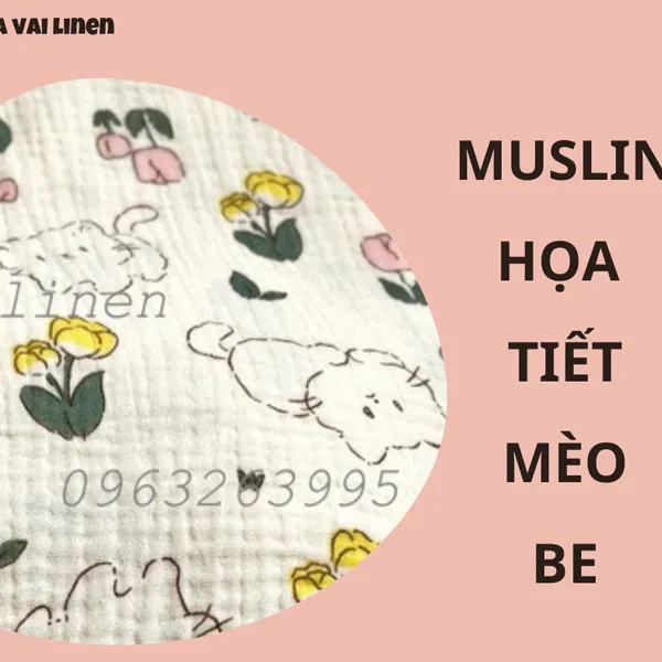 MUSLIN HỌA TIẾT MÈO TULIP NỀN BE