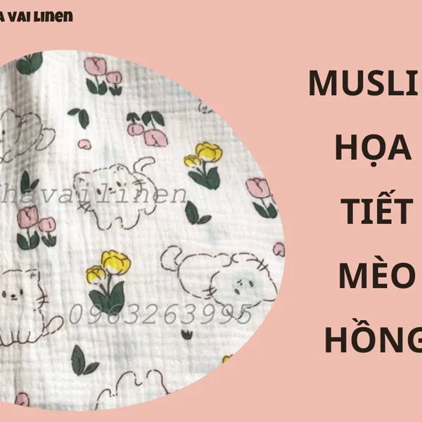 MUSLIN HỌA TIẾT MÈO TULIP NỀN HỒNG