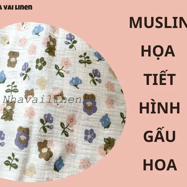 MUSLIN HỌA  TIẾT HÌNH GẤU HOA TÍM