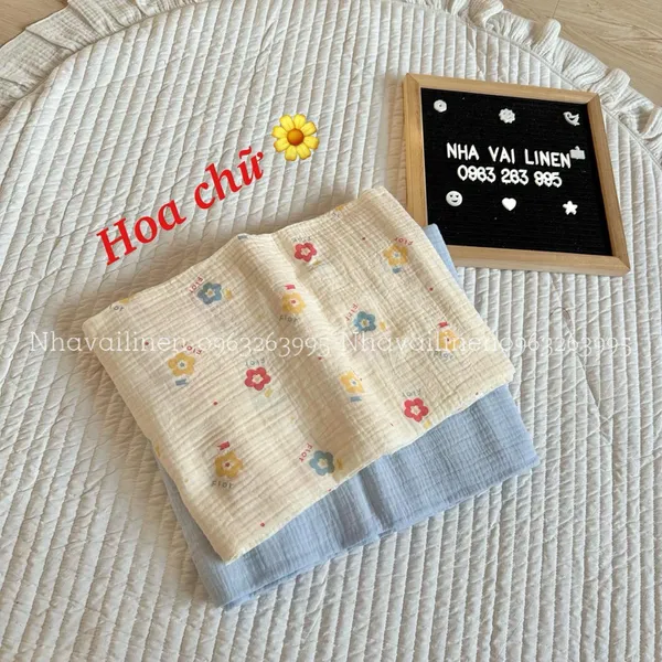 Vải xô muslin cao cấp 2 lớp hoạ tiết hoa chữ