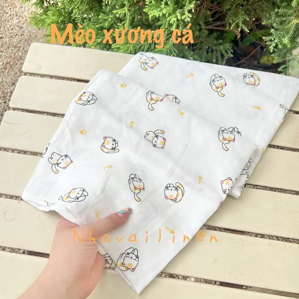 Vải sợi tre cao cấp 2 lớp hoa tiết mèo xương cá