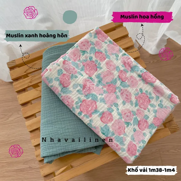 Vải xô muslin cao cấp 2 lớp hoạ tiết hoa hồng