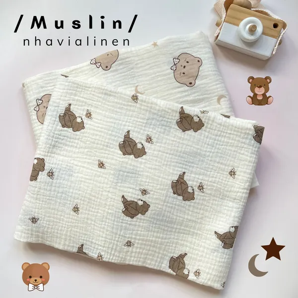 Vải xô muslin cao cấp 2 lớp hoạ tiết gấu nơ, gấu ong