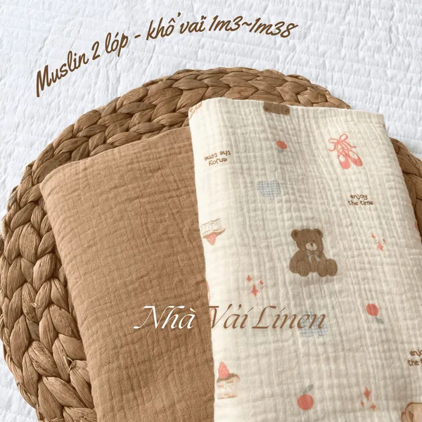 Xô muslin cao cấp 2 lớp hoạ tiết gấu teddy nơ