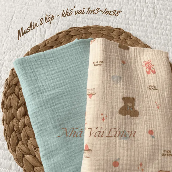 Xô muslin cao cấp 2 lớp hoạ tiết gấu teddy nơ