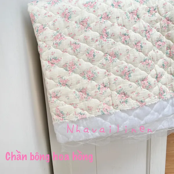 Vải chần bông 3 lớp cao cấp hoạ tiết hoa hồng