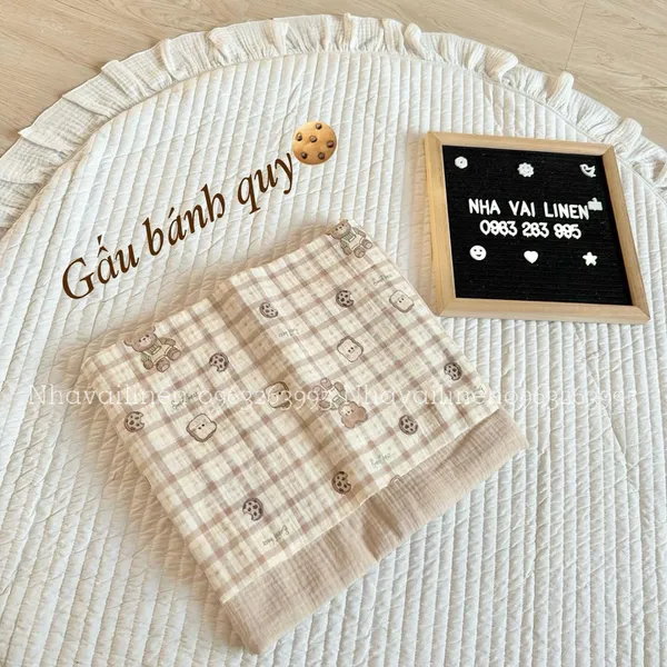 Vải xô muslin cao cấp 2 lớp hoạ tiết gấu bánh quy