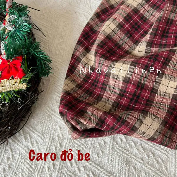 Vải caro cotton đỏ be