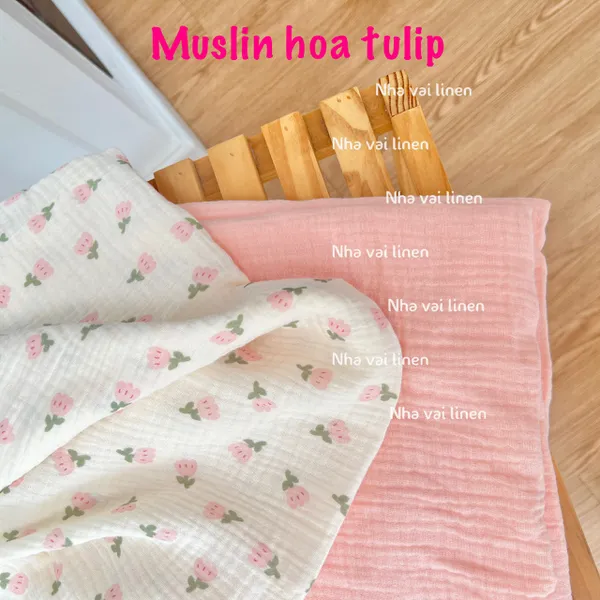 Vải xô muslin cao cấp 2 lớp hoạ tiết hoa tulip