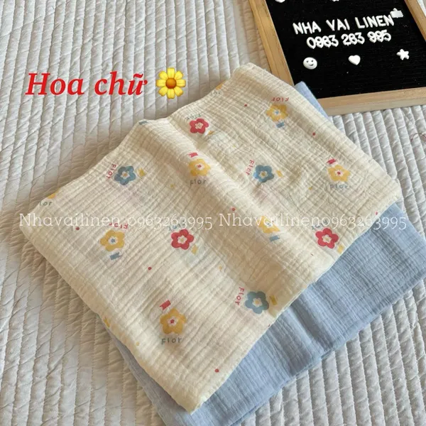 Vải xô muslin cao cấp 2 lớp hoạ tiết hoa chữ
