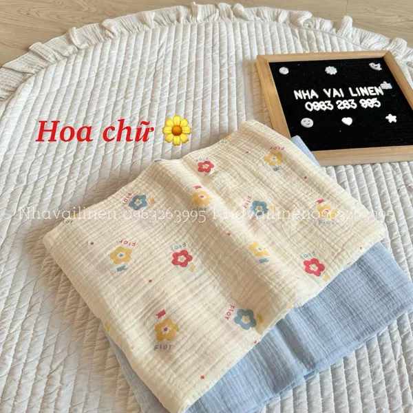 Vải xô muslin cao cấp 2 lớp hoạ tiết hoa chữ
