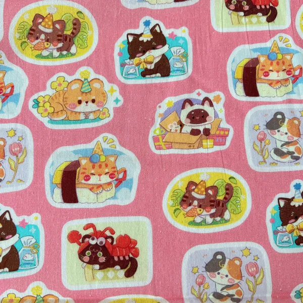 Vải Cotton hoạ tiết mèo nền hồng
